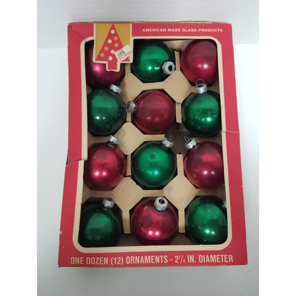 Vintage 12 Coby Glass Christmas Ornaments Red Green Color Box USA